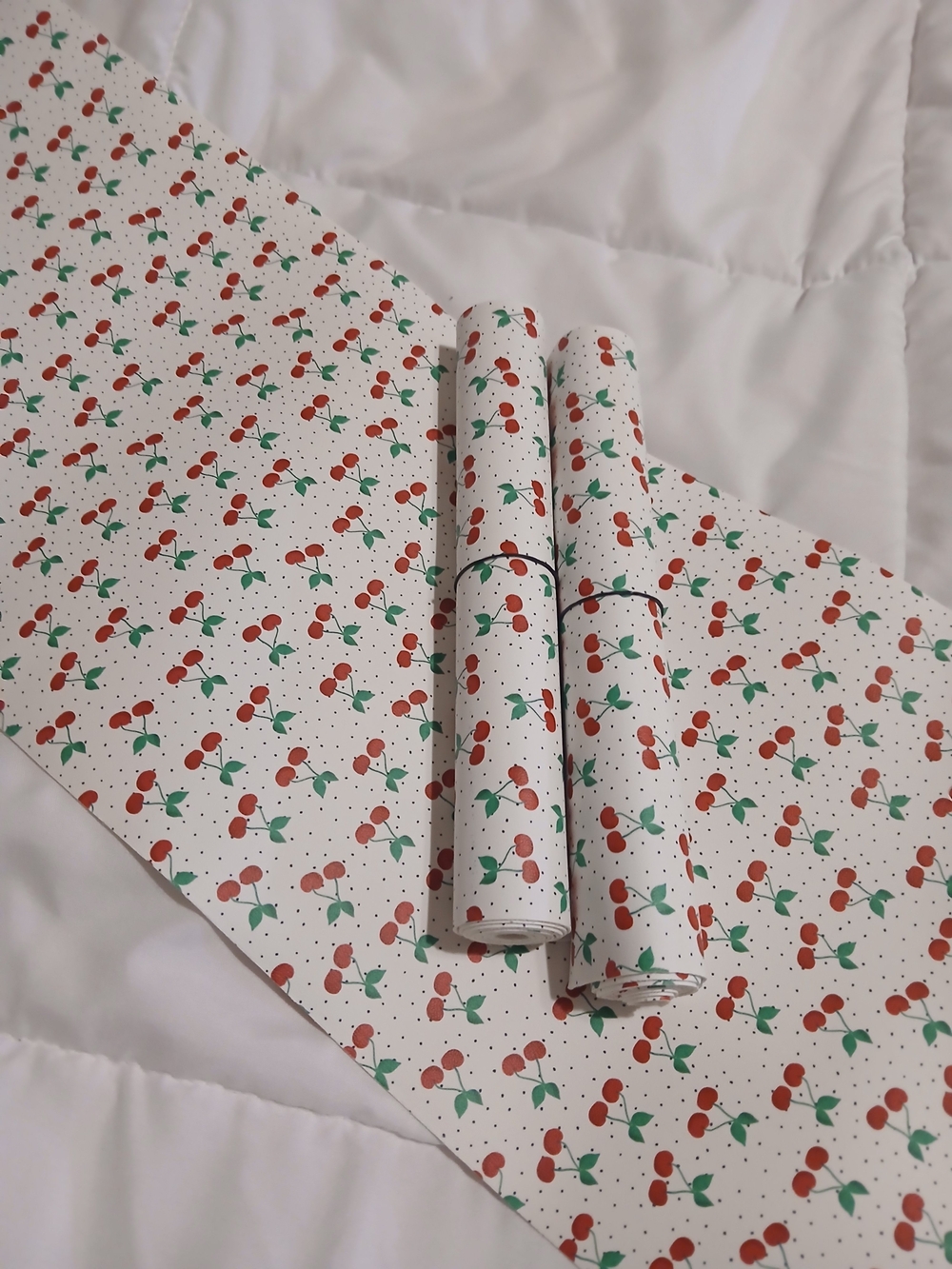 Cherry Print Vinyl Fabric Roll - White with Red Cherries and Green Leaves